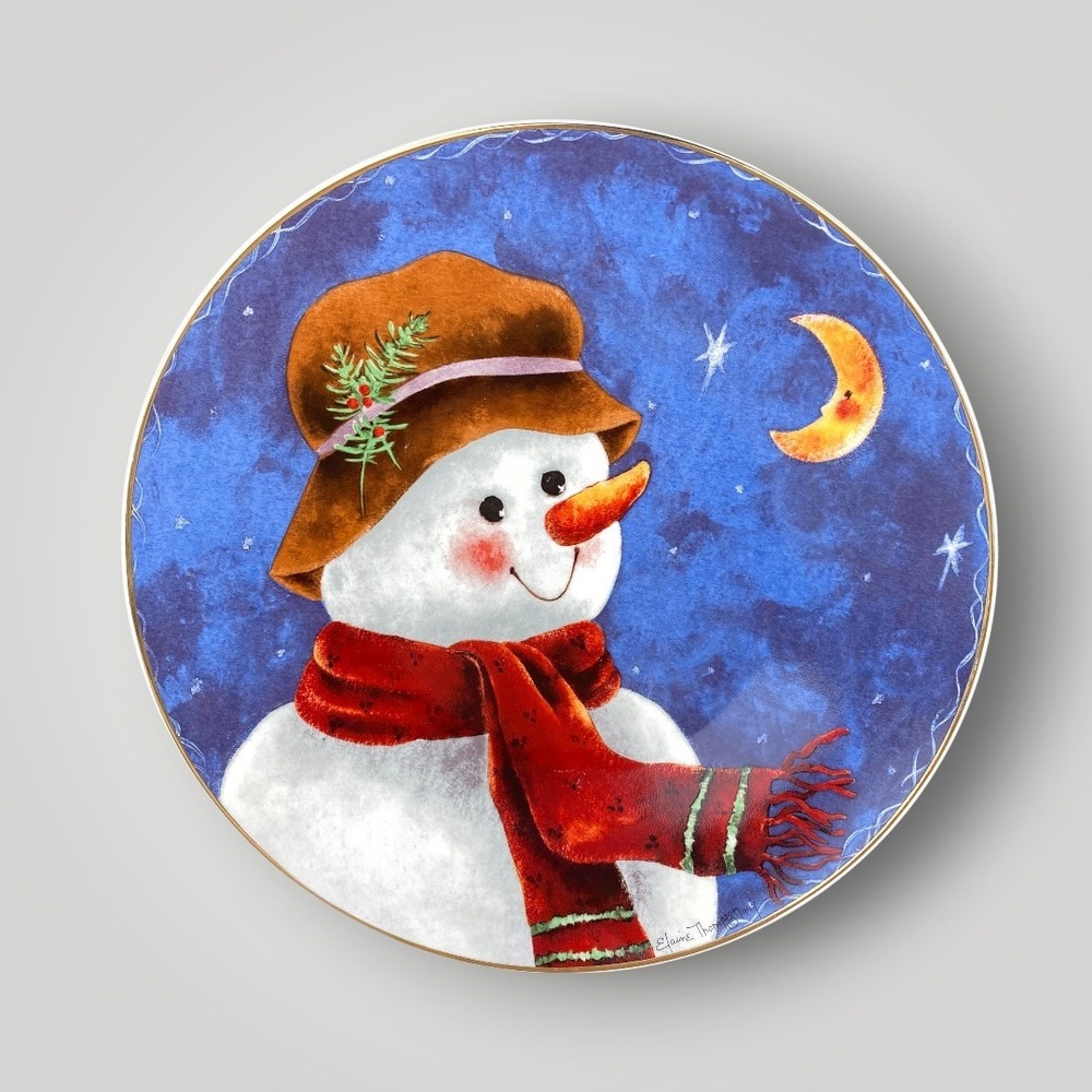 Snowman Decorative Plate Decor Blue Red‎ Vintage Signed Elaine Thompson 1997
